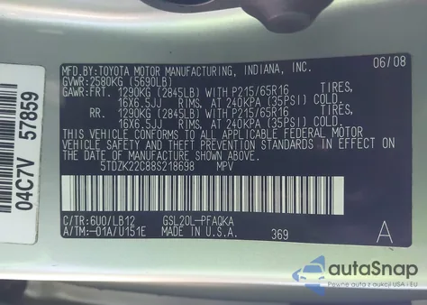 2008 Toyota Sienna Xle из США, поврежденный, VIN 5TDZK22C88S218698